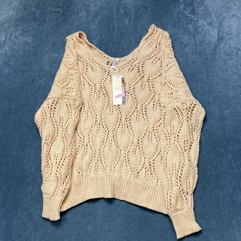 Dokotoo Sweater Womens Medium Beige Cotton Crochet V Neck Long Sleeve Winter